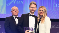 (L-R): Mike Wallis from PPA Publishing Innovator of the Year award sponsor Spatial Global; edie's content director Luke Nicholls; and PPA Awards 2018 host Edith Bowman